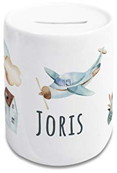 GRAZDesign Spardose Kinder Jungen mit Name | Flugzeuge | personalisiertes Geschenk Geburtstag, Weihnachten, Taufe Keramik