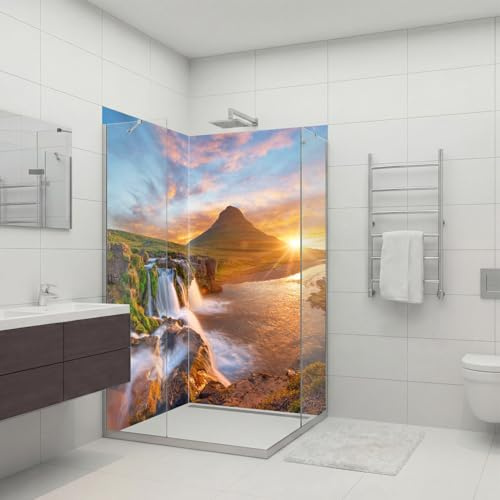 dedeco Alu Eck-Duschrückwand mit Wasserfall V10 Motiv - 2 x 90x200 cm - Perfekt als Badrückwand zum Fliesenersatz, passend für viele Bäder - Made in Germany