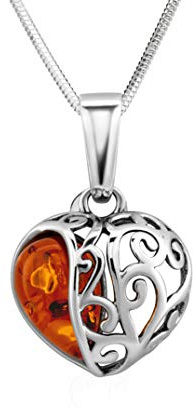 Collier Femme Avec Pendentif Coeur En Ambre Et Argent Réglable
