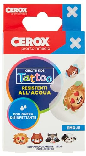 Cerox Cerotti Kids Tattoo, Cerotti per Bambini - Con Garza Disinfettante su cerotto in PE trasparente, Ipoallergenici - Confezione da 20 Pezzi singolarmente confezionati