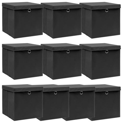 vidaXL 10x Aufbewahrungsbox mit Deckel Zusammenklappbar Spielkiste Regalkorb Faltkiste Korb Kinderbox Box Kiste Schwarz 32×32×32cm Stoff
