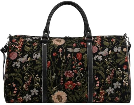 Signare Tapestry Large Duffel Bag Overnight Bags Weekend Bag for Women with Garden Design with Black Backdrop (BHOLD-MGDBK)