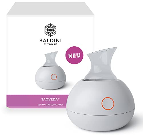 Baldini TaoVeda Massageölwärmer – Elektrischer Massageöl-Erwärmer für wohltuende Massagen – 50 ml Glasgefäß – Erwärmt Öl in 3 Minuten auf ca. 50 °C – Für Wellness & Zuhause