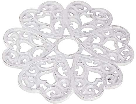 Cast Iron Trivet Pan Rest Kitchen Table Saucepan Stand (White Heart) | Recycled Metal, Rubber Feet, Heat Proof, Vintage Style