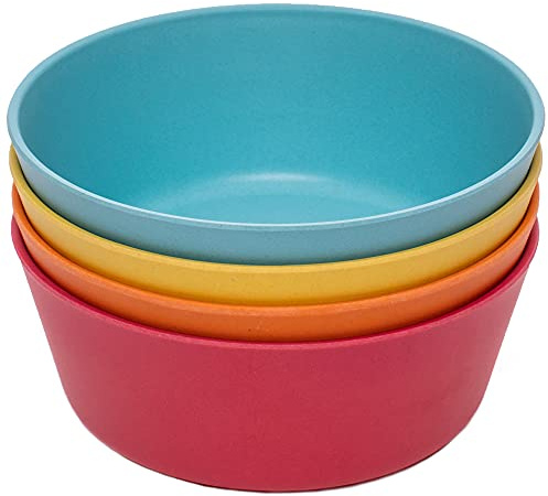 WeeSprout Bamboo Kids Bowls, Set of Four 10 oz Kid-Sized Dinnerware, Cereal, Leftovers & Snack Bowl, Dishwasher Safe (Blue, Yellow, Orange, & Red, 10 Oz)