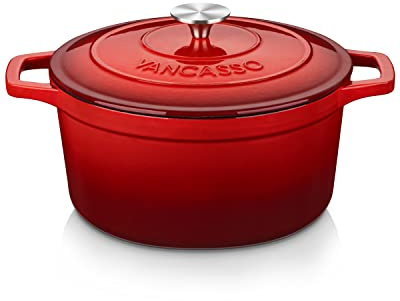 vancasso Forno olandese in ghisa smaltata con coperchio, doppie maniglie per la cottura del pane, forno olandese rotondo resistente, rivestimento antiaderente, tutte le fonti di calore, rosso