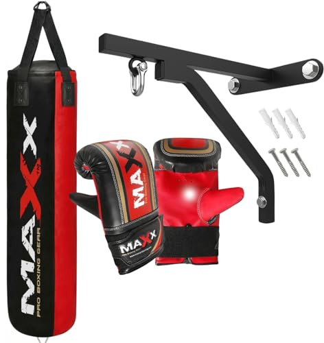 Maxx Black and Red 3ft 4ft 5ft 6ft Filled Hanging Boxing Punch Bag Set Heavy Punching bag (6PCS WITH BRACKET, 5FT)