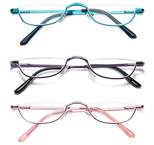 DXYXYO Small Half Frame Reading Glasses for Women 2.5+, 3 Pack Half Moon Metal Readers with Spring Hinge, Purple Blue Pink