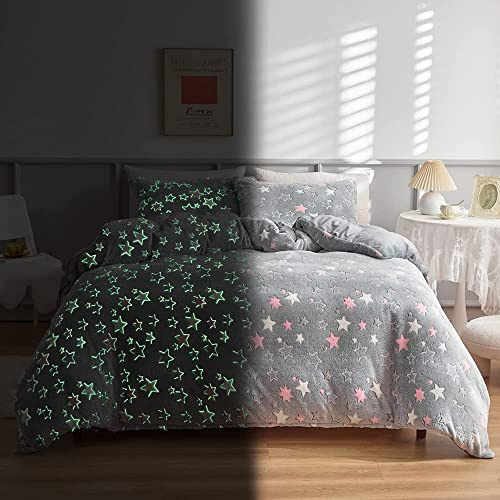 Freyamy Flanell Bettwäsche 135x200cm 2teilig Rosa Grau Sterne Leuchtend im Dunkeln Kinder Winterbettwäsche Samt Biber Cashmere Touch Flauschige Bettbezug mit Reißverschluss und 1 Kissenbezug 80x80cm