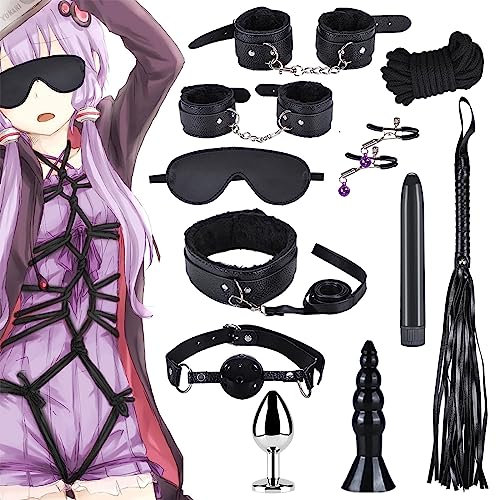 Qoosea 12 Pezzi Bondage Kit SM Bondage Set Erotico Giocattoli Sessuali Set Plug Anale Butt Plug Set per Principianti e Gli Esperti, BDSM Giocattoli Sessuali Manette Erotiche per Coppie(Nero)