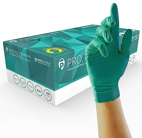 UNIGLOVES PRO.TECT - Guantes desechables de nitrilo HD de color verde, ultra resistentes, de un solo uso, multiusos, sin polvo, caja de 100 guantes, tamaño grande (GA0084)