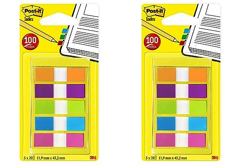 Post-it Haftstreifen Index Mini 683-5CB2 – Farbige Haftnotizen im extra kleinen Format 11,9 x 43,2 mm – 5 Haftstreifen Blöcke à 20 Blatt in 5 Farben im praktischen Etui (Packung mit 2)