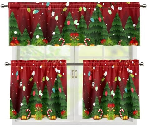 Suhoaziia Weihnachtsbäume 3-teiliges Küchengardinen-Set mit Etagen und Volants, Weihnachten, Vintage, botanisch, kurze Stangentasche, Fenstervorhang für Schlafzimmer, Badezimmer