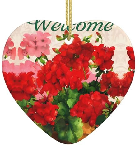YYHHAOFA Rote Geranien Bild Weihnachten Keramik Liebe Anhänger - Festliche hängende Ornament für Geschäfte und Häuser 7,6 x 6,9 cm