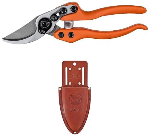 Original LÖWE Set bestehend aus Profi Bypass Gartenschere 11.104 für Schnitte an Blumen, Zweigen, Obstbäumen & Leder Premium Holster 9809 mit Gürtel-Clip zur Aufbewahrung am Gürtel oder Hosentasche