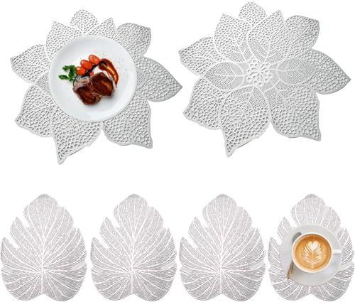 Spldsun Set of 6 Manteles Individuales Redondos y Posavasos, Manteles Individuales Redondos PVC, Salvamanteles Huecos en Forma de Hoja, para Mesas Decorativas Antideslizantes, Antiarañazos (Plata)