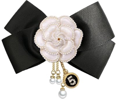 Broche de borla de lazo grande preatado con flor de camelia para mujeres y niñas, perlas de imitación de circonita cúbica, número de la suerte, cadena de cinco cadenas, broches de tela, clip de solapa