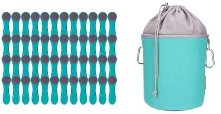 48 Wäscheklammern mit Druckfedern aus Edelstahl, Softtouch Türkis, 1 Canvas Wäscheklammerbeutel Türkis Grau