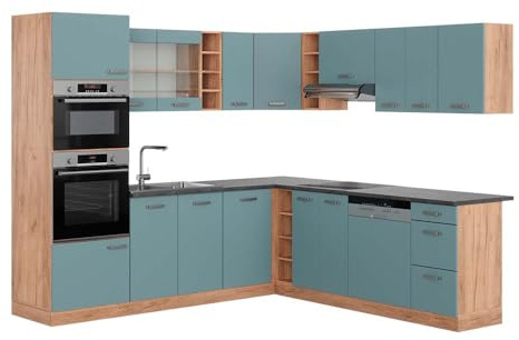 Vicco Eckküche R-Line, Blau-Grau/Goldkraft Eiche, 247 x 60 cm, AP Anthrazit, zum individuellen Aufbau und zur Erweiterung mit Zusatzmodulen