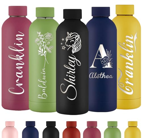 Personalisierte Trinkflasche Gravur Wasserflasche mit Namen Individuell Rostfreier Edelstahl Metall 500 ml Thermosflasche für Schule Büro Sport
