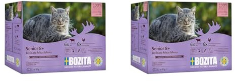 Bozita Nassfutter Senior für Katzen ab 8 Jahre Mulitbox 6X Rind 6X viel Huhn Häppchen in Sauce im Portionsbeutel 12x85g Getreidefreie Katzenfutter Nassfutter (Packung mit 2)