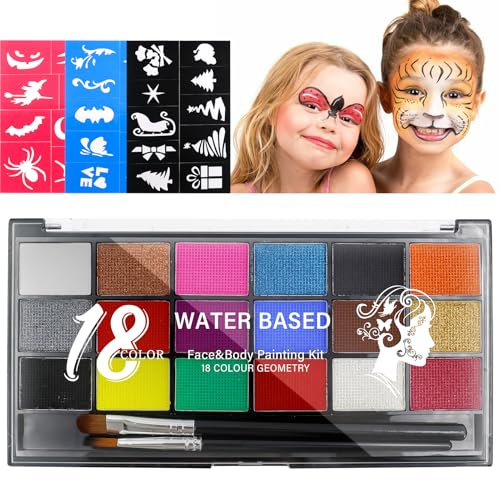 Kinwer Kinderschminke Fasching,18 Farben Kinderschminke Set Sicher Ungiftig und 3 Sätze Vorlagen,für Faschingsschminke Kinder Karneval Halloween Partys