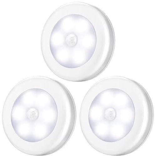 Motion Sensor LED Night Lights Set of 3 – 6000K Daylight White, 80 Lumens, 8.8 x 8.8 x 3.8 cm – Energy Class A – Battery Operated, Automatic On/Off, Ideal for Hallways, Stairs, and Bedrooms