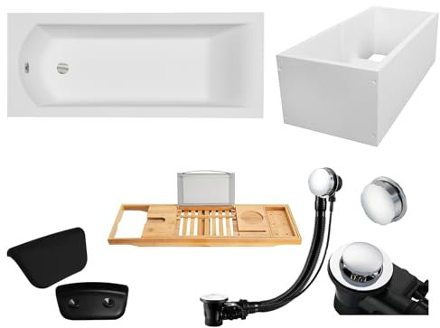BADLAND Premium Set 6in1 Badewanne Rechteck Acryl Weiß Wanne SHEA 180x80 cm, Made in EU + Wannenträger + Bambus Badewannenablage + Nackenkissen, Moderne Design, mit Ablaufgarnitur und Füßen