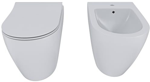Coppia Sanitari Filomuro Vaso WC E Bidet In Ceramica Filo Muro Filo Parete Design Moderno Con Copriwater Chiusura Soft Close Chiusura Rallentata (Bianco Opaco)