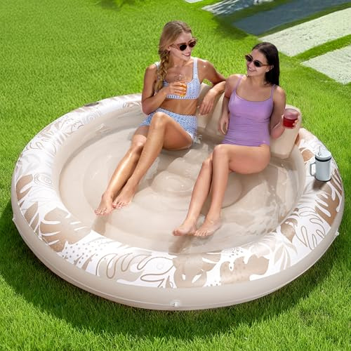 SLOOSH Inflatable Tanning Pool Lounger Float, 72 x 56 Pool Floats Adult with Pillow, 4 in 1 Round Suntan Tub Raft Floatie,Sunbathing Bed Lounge for Water Blow Up Ball Pit Party Gifts, Champagne
