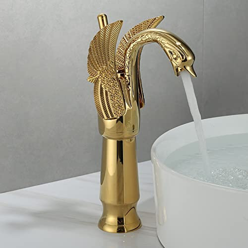 European Vintage Antique Copper Basin Faucet Hot and Cold Water Mixer Swan Design for Undercounter Washbasin (Golden)