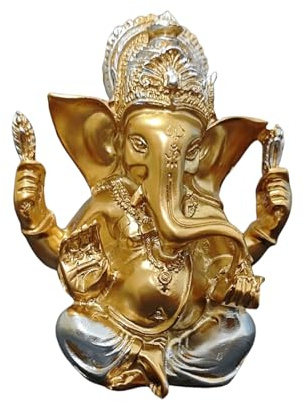 OTKARXUS Goldene Lord Ganesha-Statuen,1 Stück Hindu Elefanten Gott Skulptur,Kunstharz indische Ganesha Idol Figur Elefanten Gott Figuren Dekoration Ornamente für Zuhause Büro Auto (Gold+Silber)