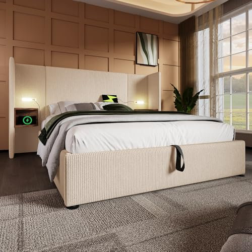 Polsterbett mit Nachttisch, Leselampe und USB Type-C Ladefunktion, Bettanlage Stauraumbett Bettgestell mit Lattenrost aus Massivholz und Metall(Ohne Matratze) (Beige-Weiß（Cordstoff）, 180×200cm)
