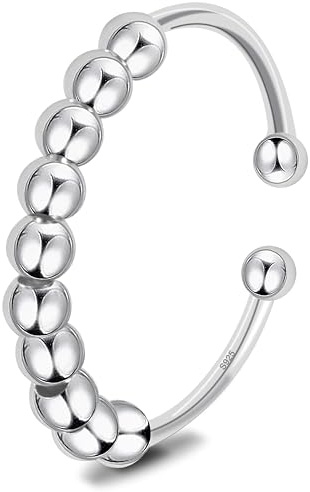 Anello Donna Argento Sterling 925 Anello Antistress Regolabile Aperto Sottile con Perline Rotante Unisex Regali di Gioielli Accessori per Uomini Mamma Moglie Ragazze Figlia