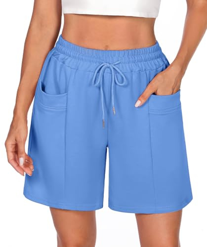 Demegimi shorts, bermudashorts, korta sportbyxor, knälånga sweatshorts, sommar, sport, shorts, hög midja, ledig, korta byxor, bomull med fickor, Ljusblå, L