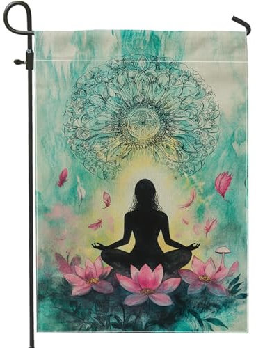 Bandera de jardín con flor de nenúfar de meditación, colorida bandera de decoración espiritual, bandera de arpillera de doble cara para relajación al aire libre, decoración de césped, 30,5 x