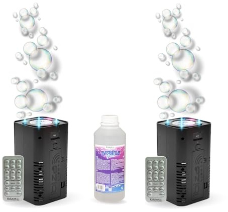Ibiza - Pack Lumière 2 Machines à Bulles Ibiza LED Bubble-Dream avec Télécommande - 1L de Liquide à Bulles - Soirée Mariage Baptême