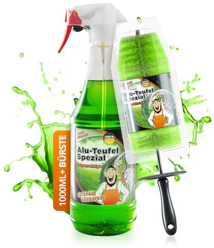 TUGA Alu-Teufel Spezial 1 x 1000 ml Felgenreiniger Aktiv-Gel grün für glänzende Alufelgen dank säurefreier Schmutzentfernung und original Felgenbürste - Made in Germany -