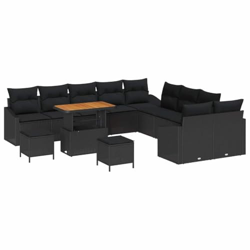 vidaXL 13-delars Trädgårdsoffa Set med Kuddar Svart Poly Rattan Acacia