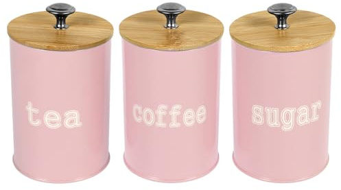 Lot de 3 boîtes à café, à sucre, à thé, avec housse en bambou, hermétique, en métal, avec étiquette, pour thé, sucre, café (rose)