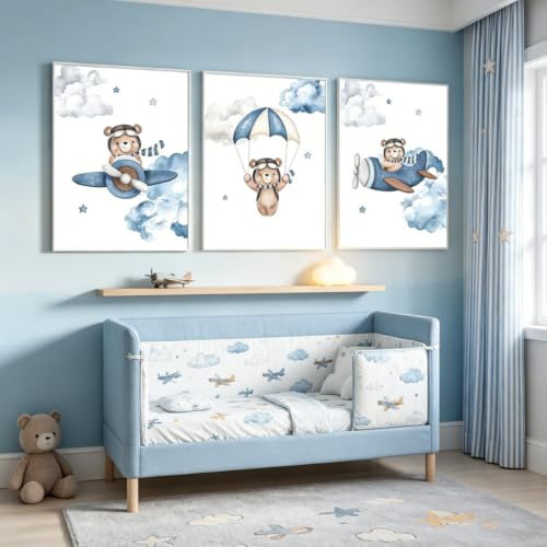 BeiYiHo 3 Bilder für Kinderzimmer Junge Flugzeuge Bär Poster Babyzimmer Blau 30x40cm Leinwand Dekoration Baby Boy Wandbilder Kinder Geschenk ohne Rahmen