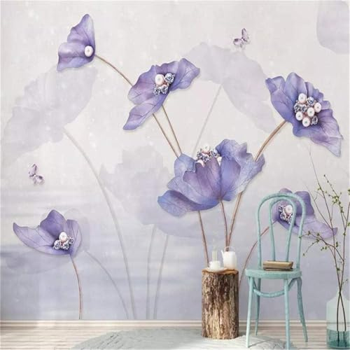 XLMING Feuilles De Lotus Violettes Tridimensionnelles Simples Perles Papillons 3D Papier Peint Texture Soyeuse Intissé Salle à Manger Bureau D'étude Canapé Chambre Salon TV Mur-430cm×300cm