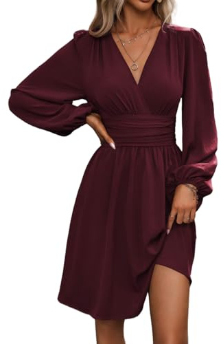 Vestido Mujer Casual Cuello en V Elegante Línea A Manga Larga Fucsia M