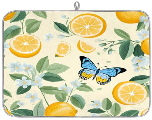 Summer Lemon Flower Butterfly Absorbent Dish Drying Mat for Kitchen Counter, Reversible Microfiber Dish Drying Pad with Hanging Loop for Glassware Utensils Pots 18x24 in