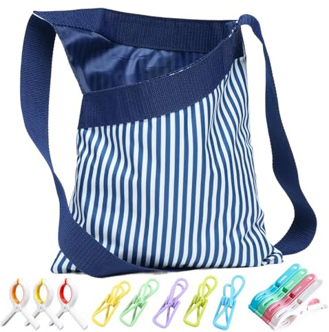 Peg Bag for Washing Line, Large Capacity, Waterproof, Easy Carry, High Capacity Clothes Peg Bag Organizer, Peg Basket for Washing Line, Durable Clothes Pegs Bag for Home Laundry (Blue Striped)