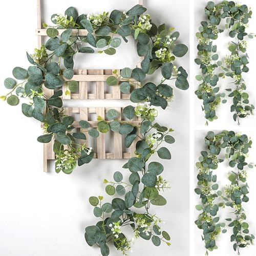 ZenyTra Lot de 2 guirlandes de plantes artificielles de 1,8 m - Guirlande suspendue avec feuilles vertes et fleurs blanches - Pour mariage, fête, décoration de table, arc, arrière-plan, décoration