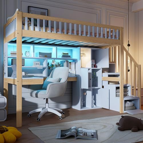 Oxtao Hochbett 90 * 200cm, Mit LED-Leuchten, Ablageleiter, Regale, Ablagefächer, Schreibtisch, Etagenbett, Kinderhochbett, Jugendbett, ohne Matratze, Weiß+Natur