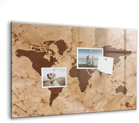 Design Glas-Magnettafel Wandmontage | Inkl. 5 Neodym-Magnete, Marker & Schwamm | Robuste Glasoberfläche | Perfekt für Büroplanung, Wochenplan & Familienorganisation- 60x40 - Vintage-Weltkarte