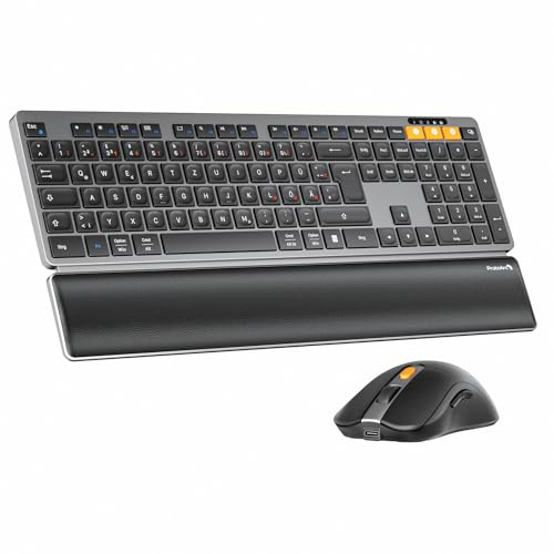 ProtoArc KM60 Kabellos Bluetooth Tastatur Maus, Wiederaufladbar | Full-Size Set mit Handballenauflage, QWERTZ Deutsch, 2.4GHz + Dual Bluetooth, für Büro PC, Computer, Mac, Windows, Space Grau