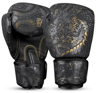BUDDHA FIGHT WEAR - Guantes de Boxeo Dragon diseñados para Entrenamientos y Sparring en Muay Thai Kickboxing Fitness - Hombres y Mujeres - Múltiples Colores - 10 oz 12 oz 14 oz 16 oz (Negro, 12 onz)